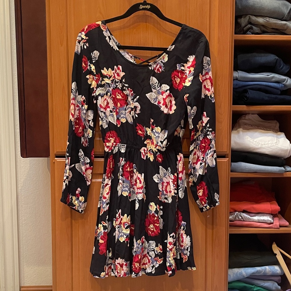 MINKPINK Black Dress with Red and White Floral Design